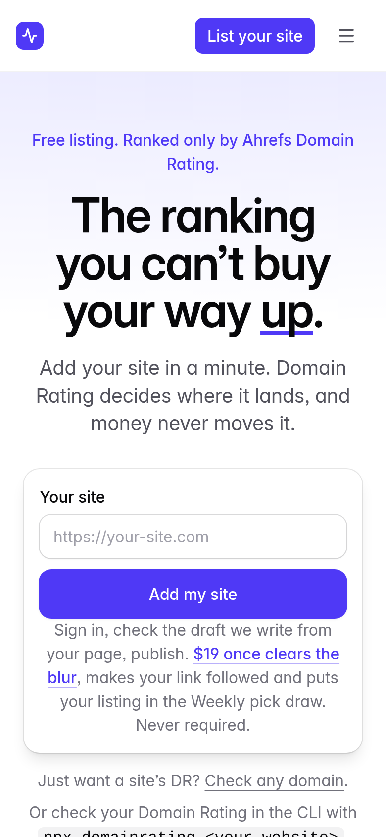 domainrating.lol mobile capture of the first page