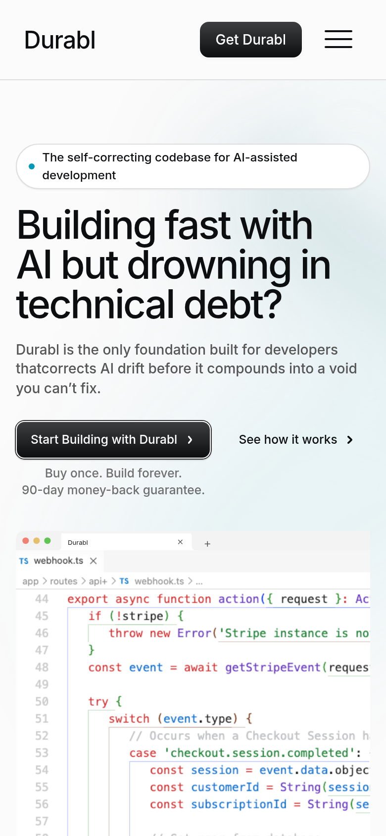 durabl.dev mobile capture of the first page