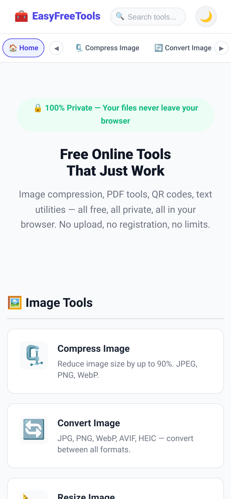 easyfreetools.net mobile capture of the first page