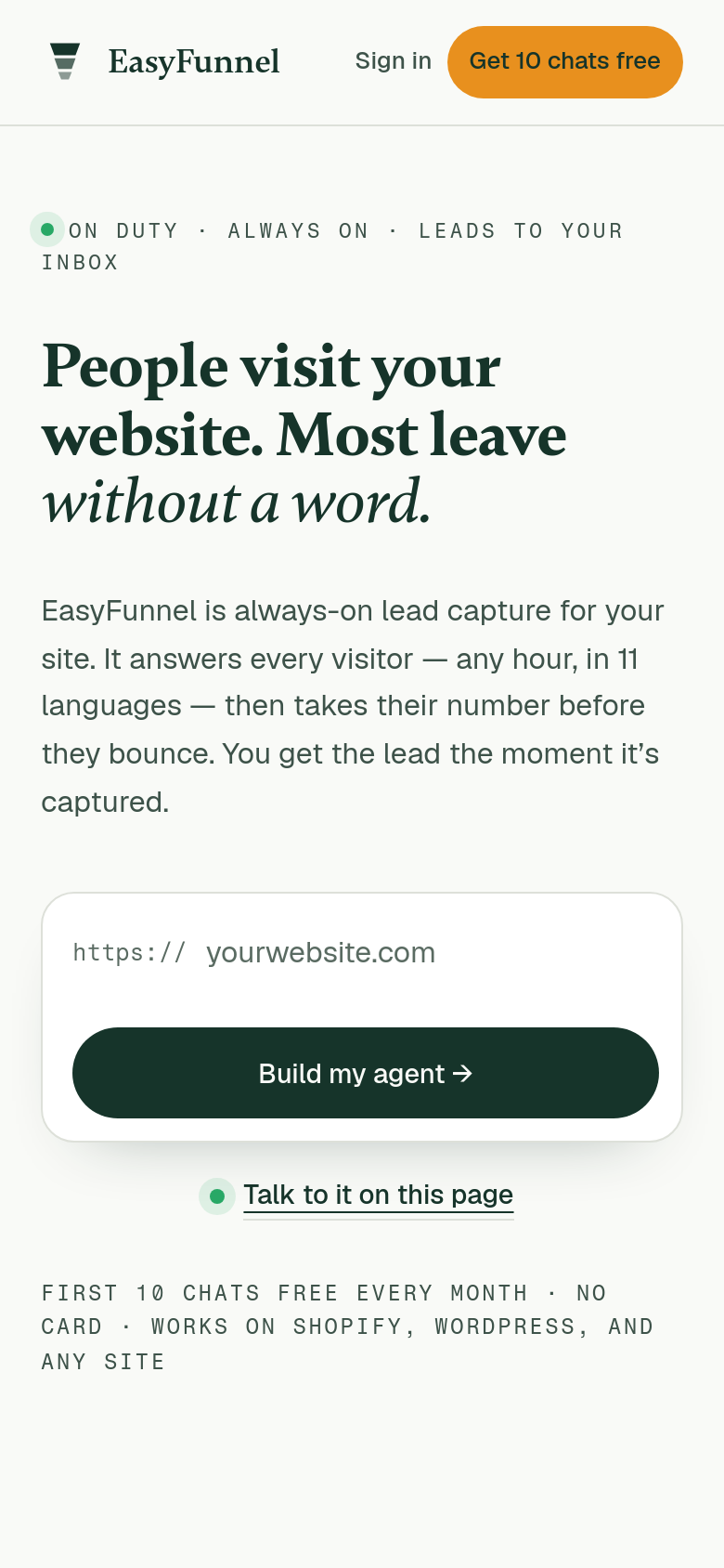 easyfunnel.co mobile capture of the first page