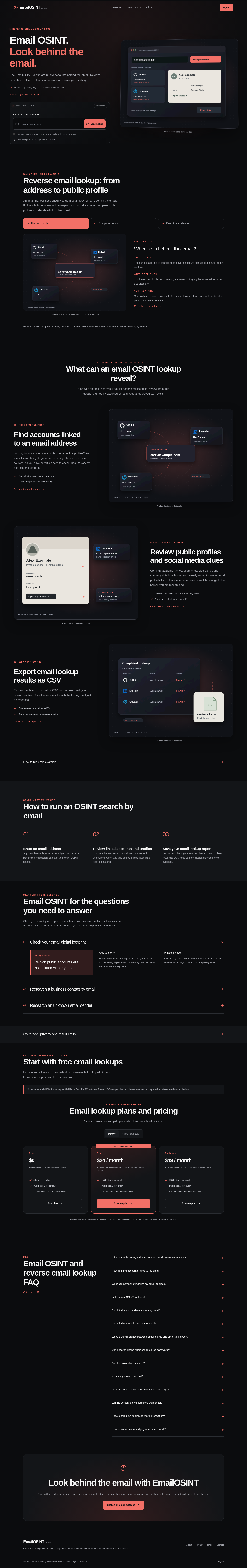 emailosint.online FAQ section, Homepage / Lander