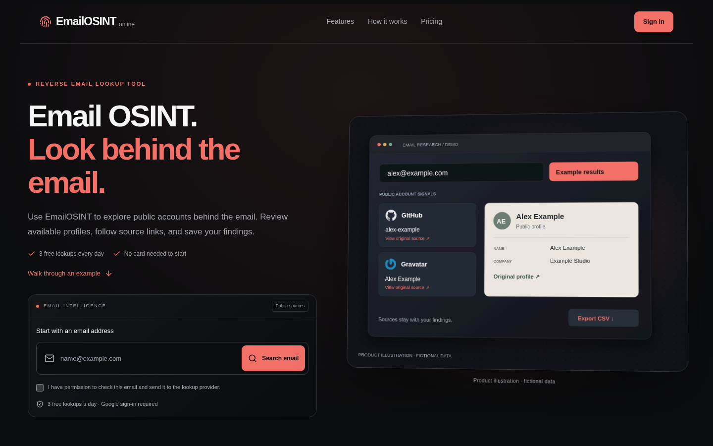 emailosint.online desktop capture of the first page