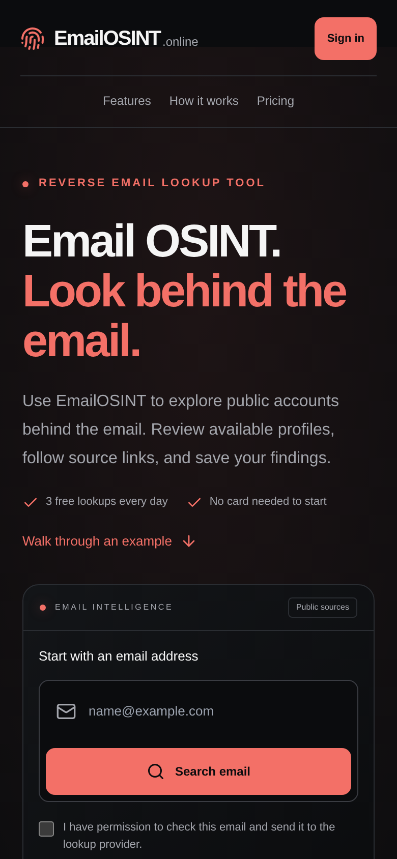 emailosint.online mobile capture of the first page