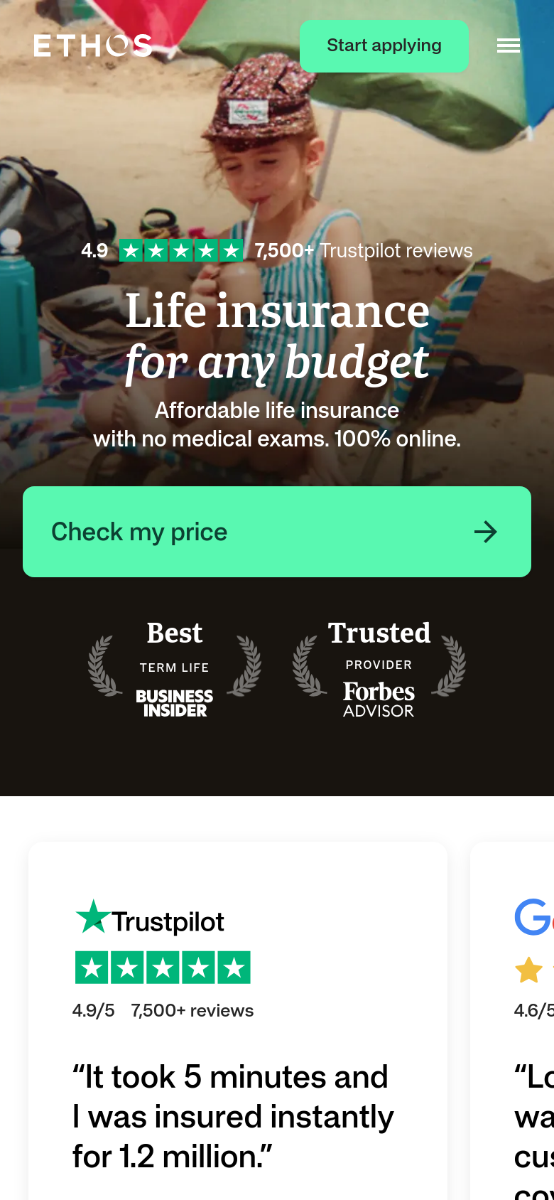 ethos.com mobile capture of the first page