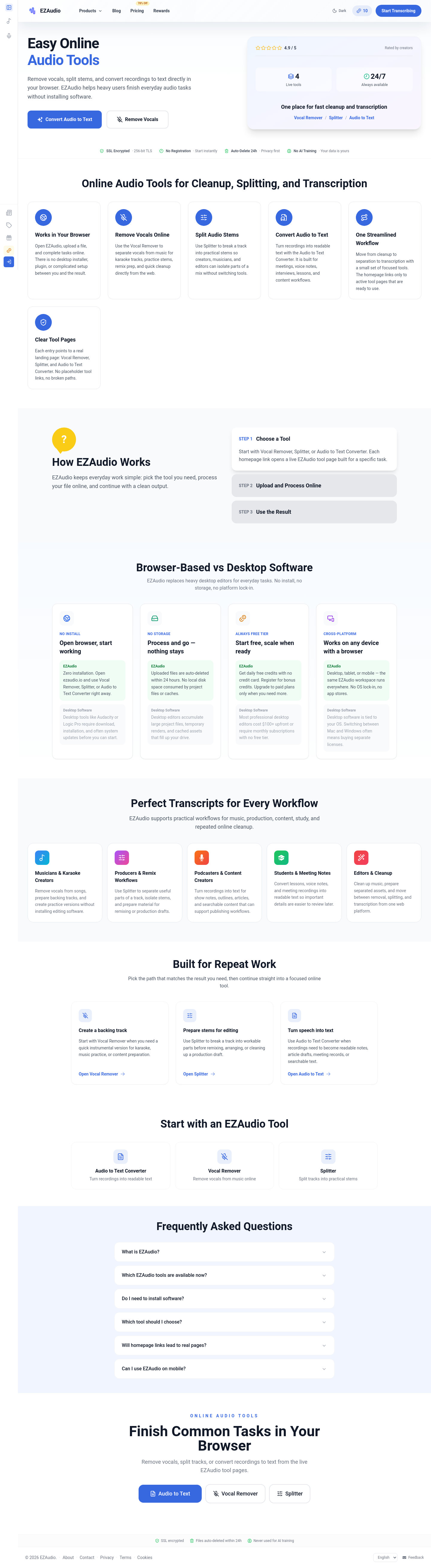 Hero section of ezaudio.io