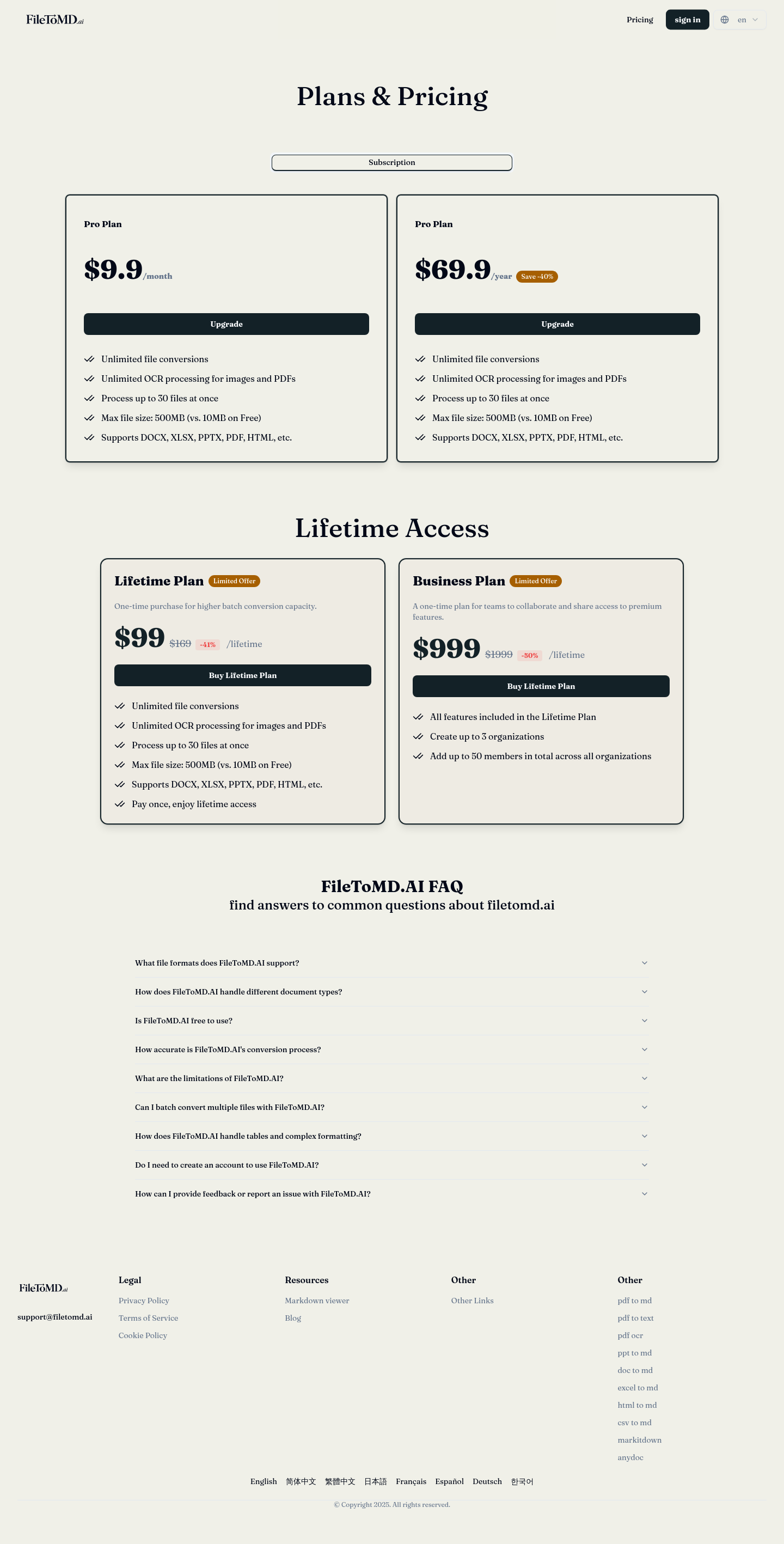 filetomd.ai — Hero + Features + FAQ