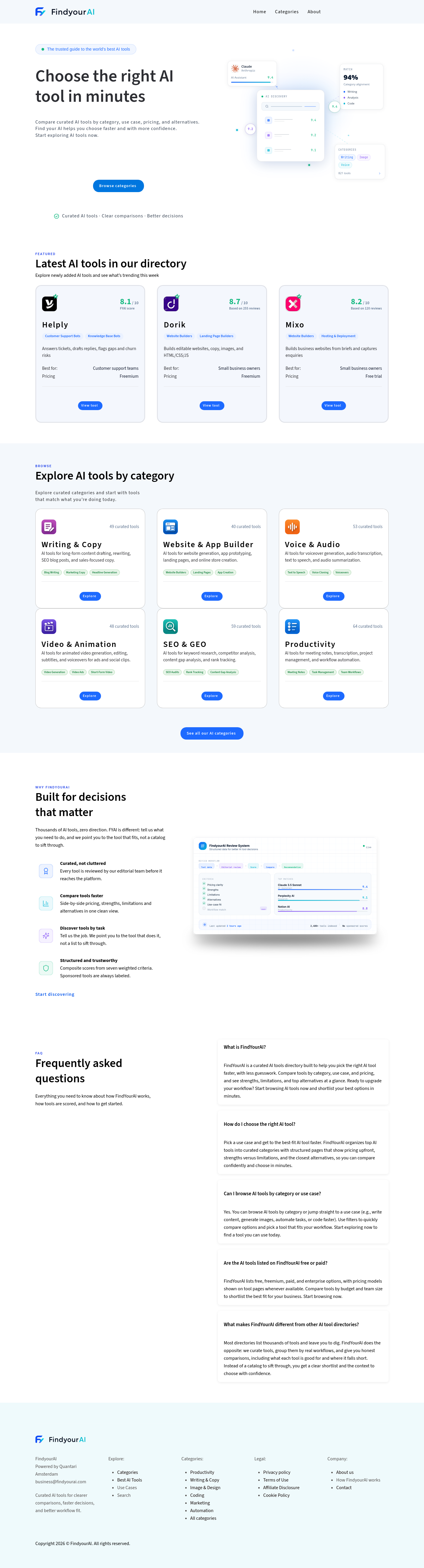 findyourai.com — Hero + Comparison + FAQ