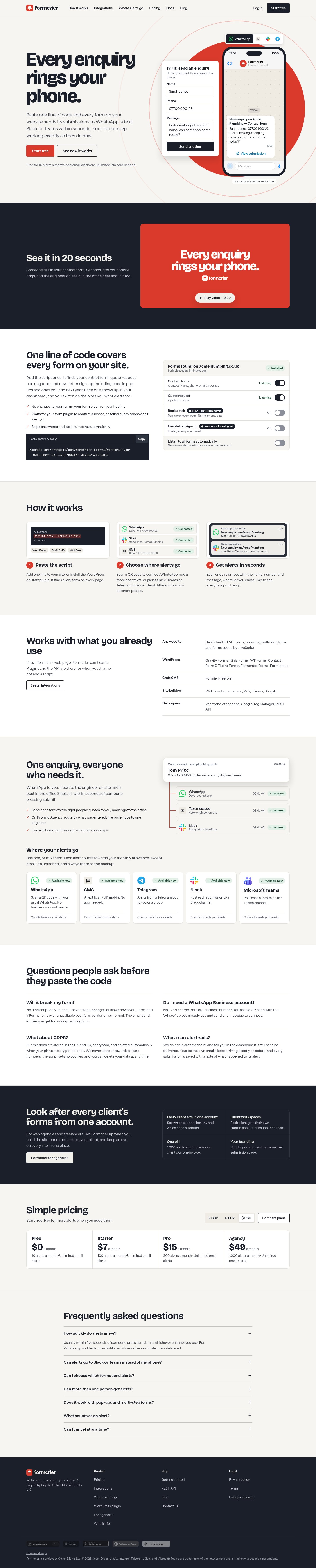formcrier.com FAQ section, Homepage / Lander