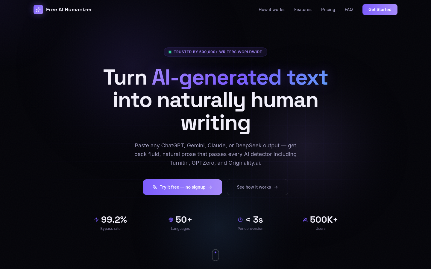 freeaihumanizer.online desktop capture of the first page