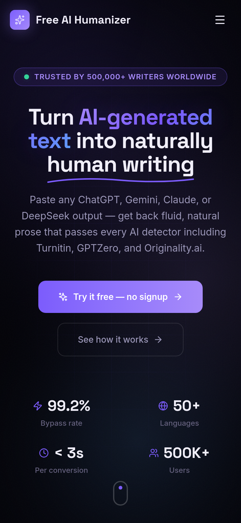 freeaihumanizer.online mobile capture of the first page