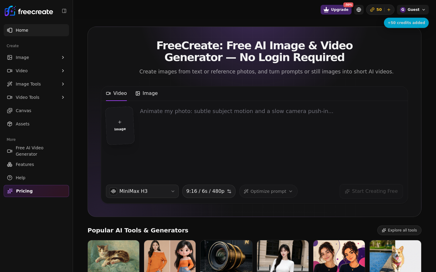 Nav section of freecreate.app