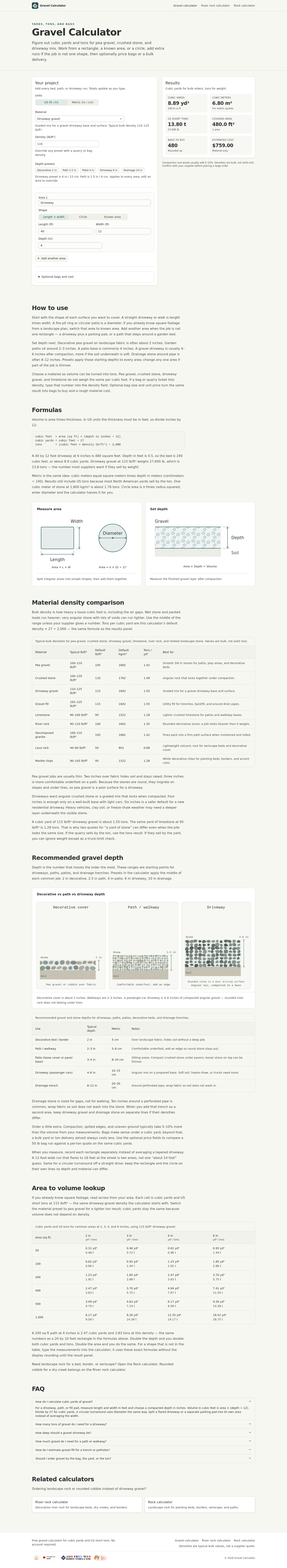 Nav section of freegravelcalculator.com