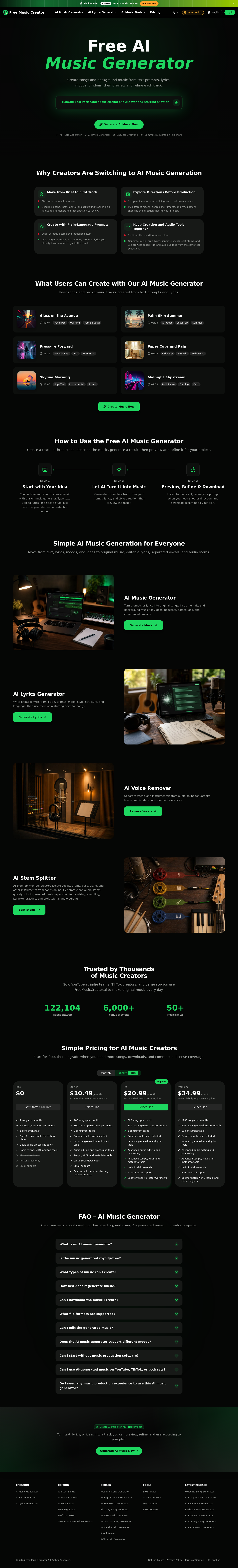 freemusiccreator.ai — Hero + Logo Wall + Pricing + FAQ