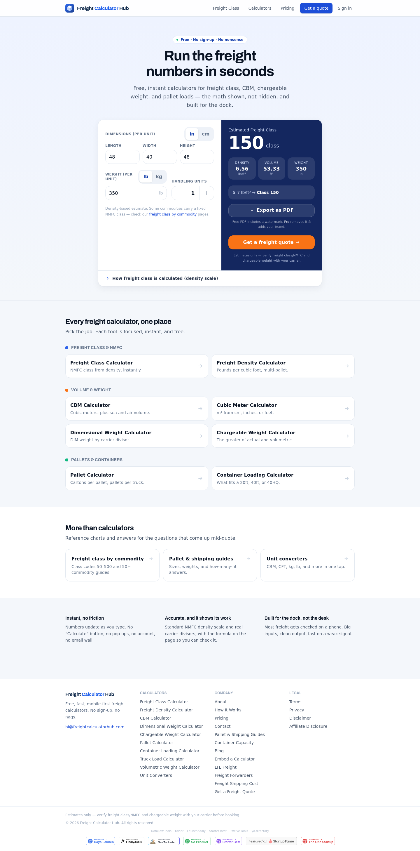 Nav section of freightcalculatorhub.com