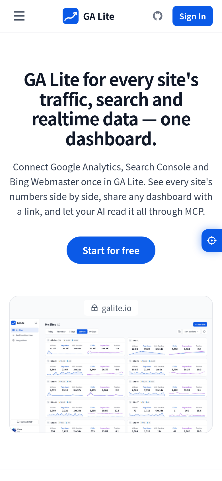 galite.io mobile capture of the first page