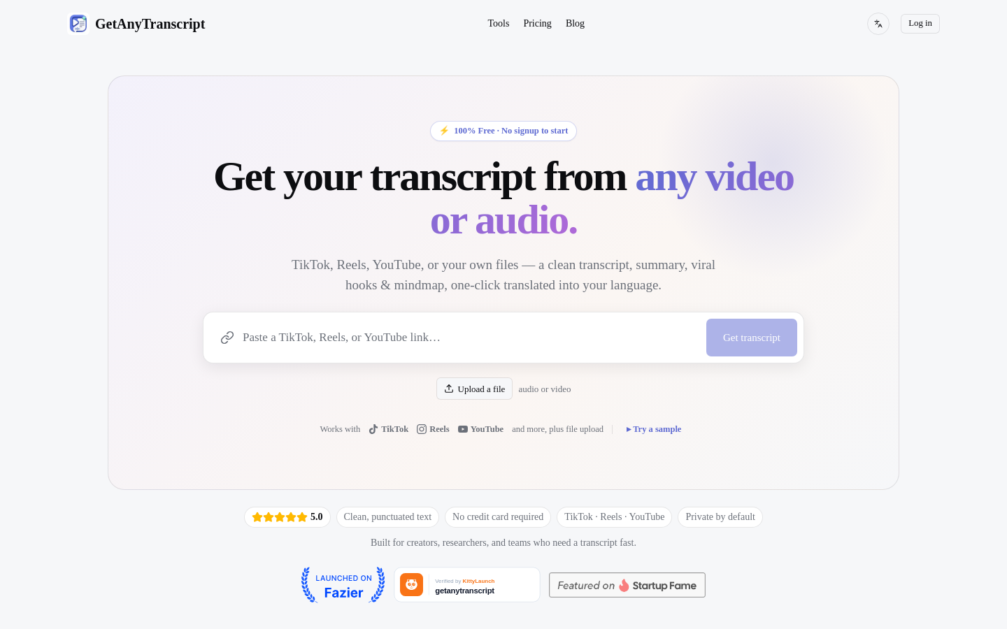 Above-the-fold capture of getanytranscript.com