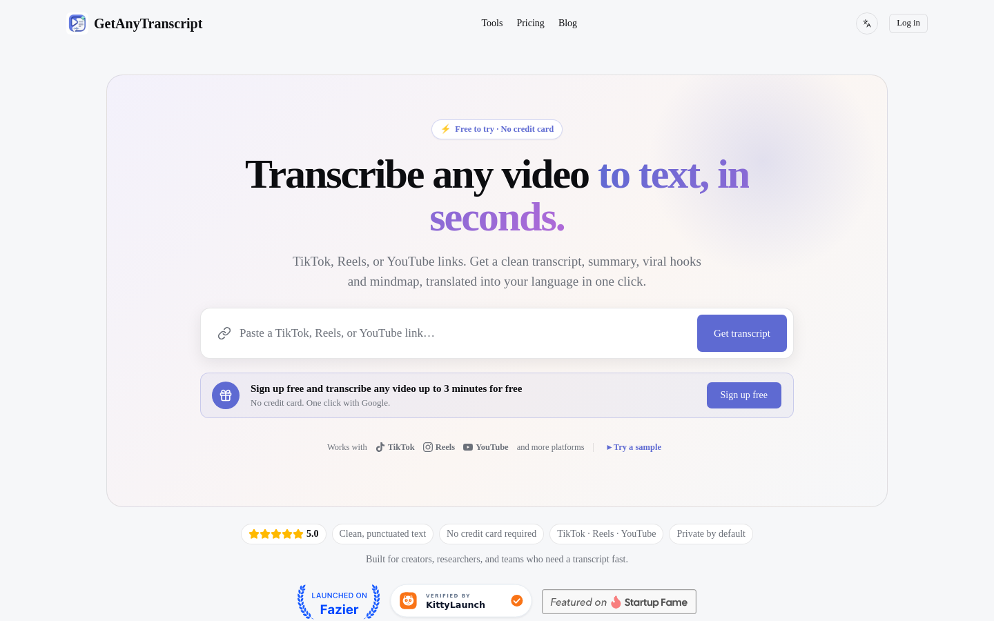 getanytranscript.com desktop capture of the first page