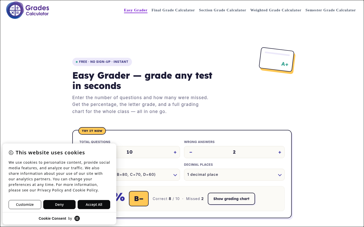 gradescalculator.net desktop capture of the first page