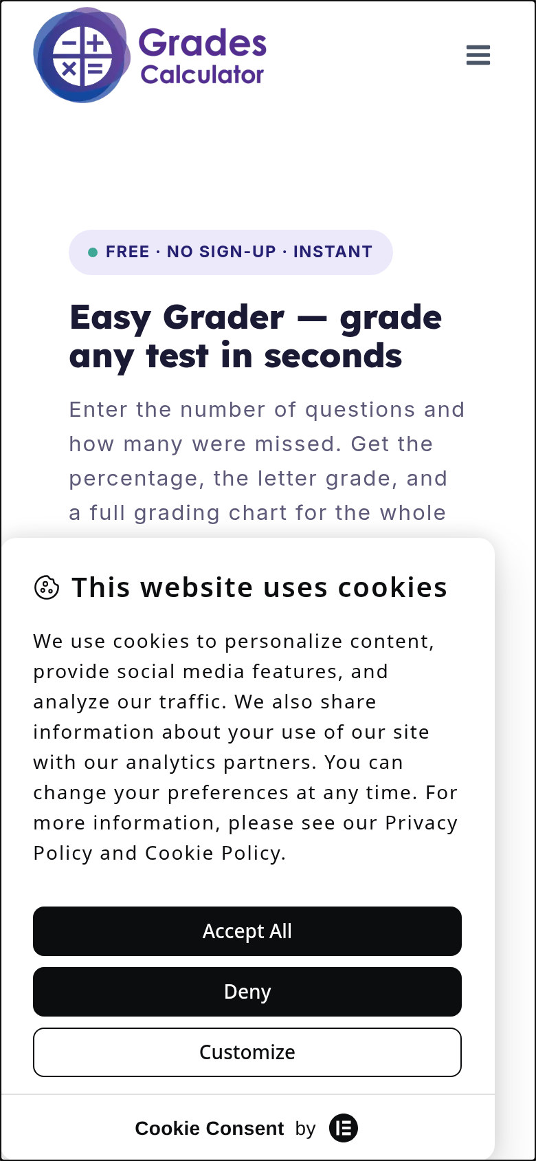 gradescalculator.net mobile capture of the first page