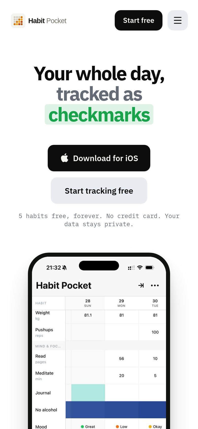 habitpocket.io mobile capture of the first page