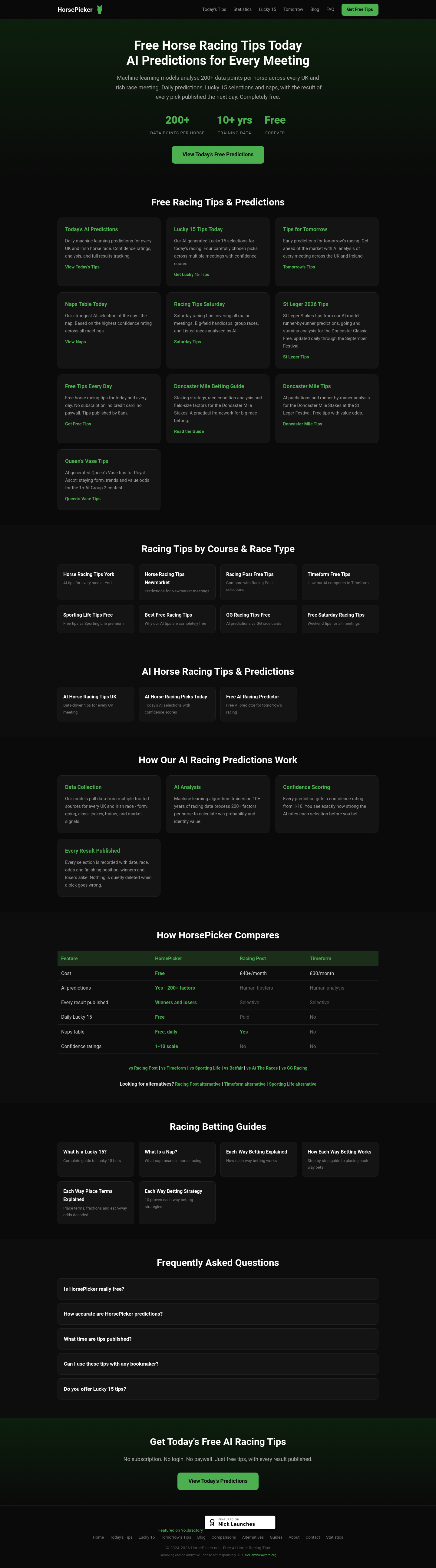 horsepicker.net — Hero + Comparison + FAQ