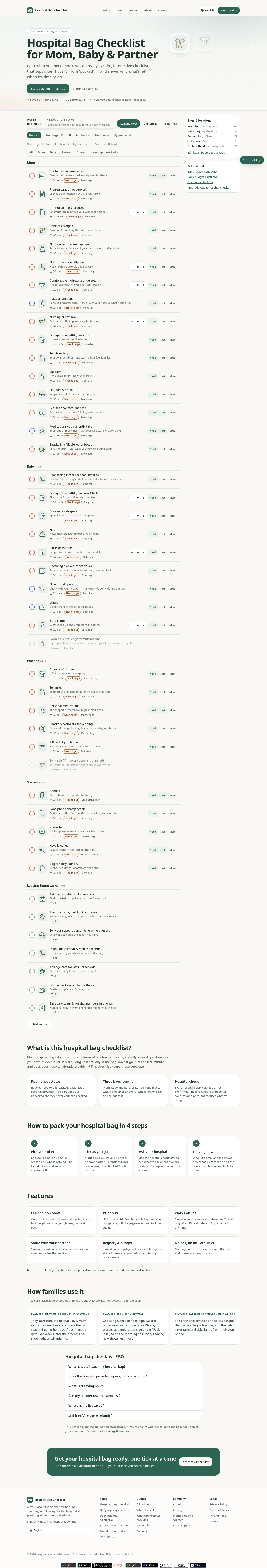 Nav section of hospitalbagchecklist.online