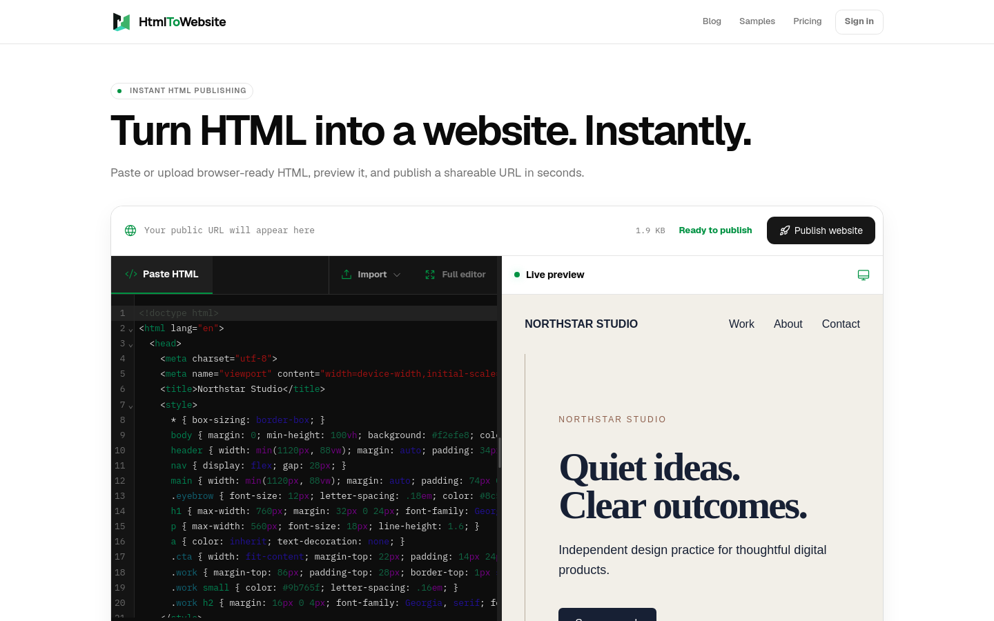 Above-the-fold capture of htmltowebsite.com