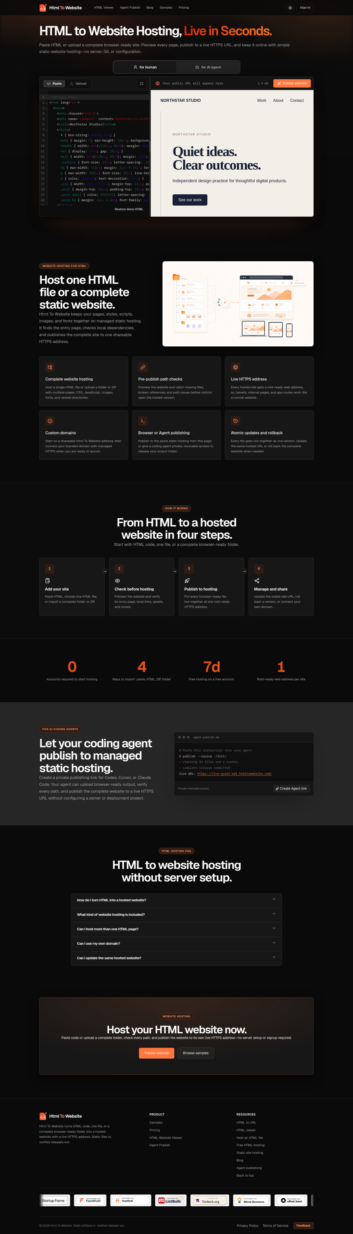 htmltowebsite.com — Hero + Features + FAQ