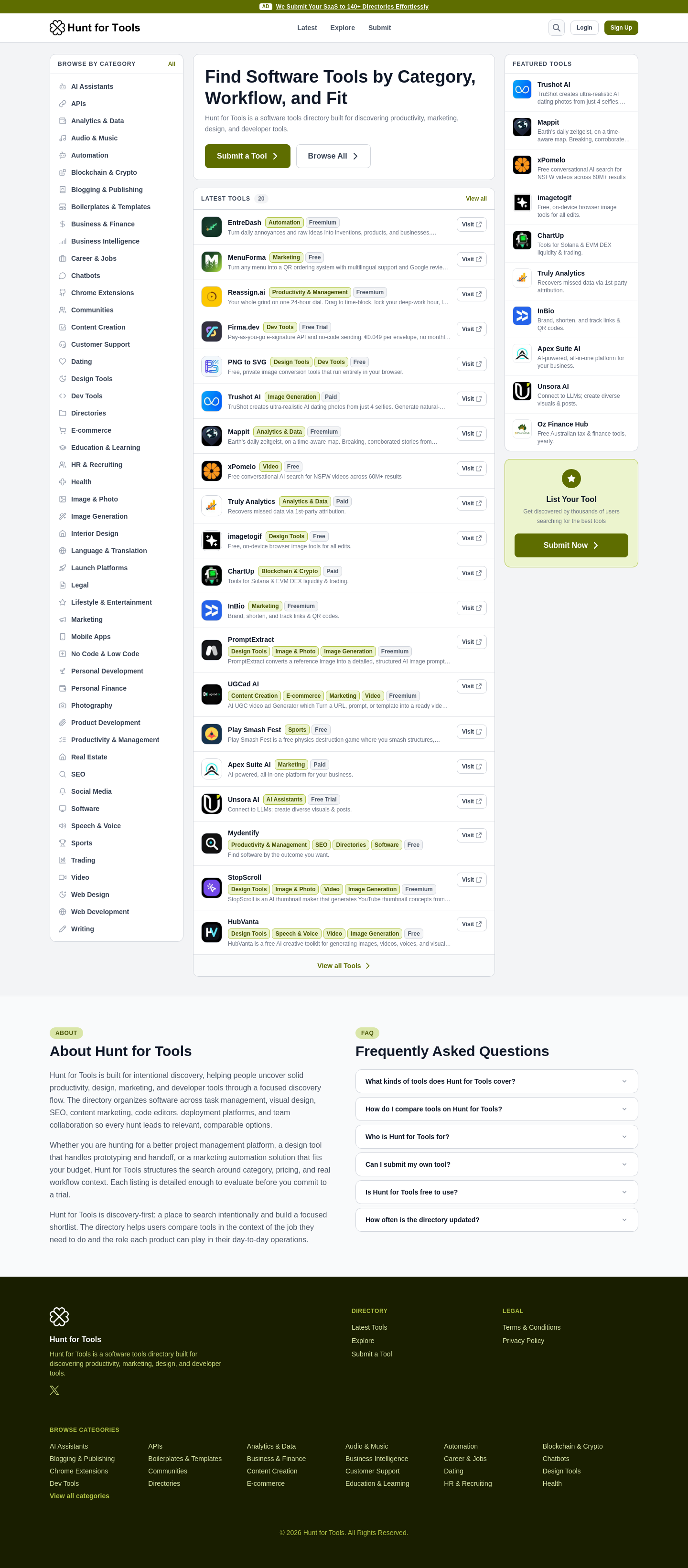Nav section of huntfortools.com