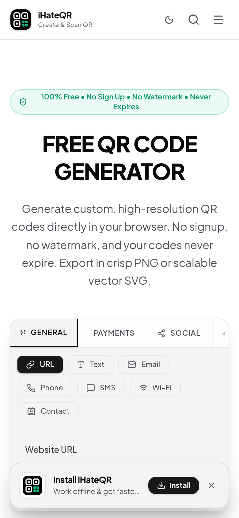 ihateqr.in mobile capture of the first page