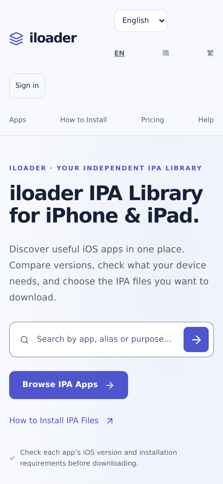 iloader.org mobile capture of the first page