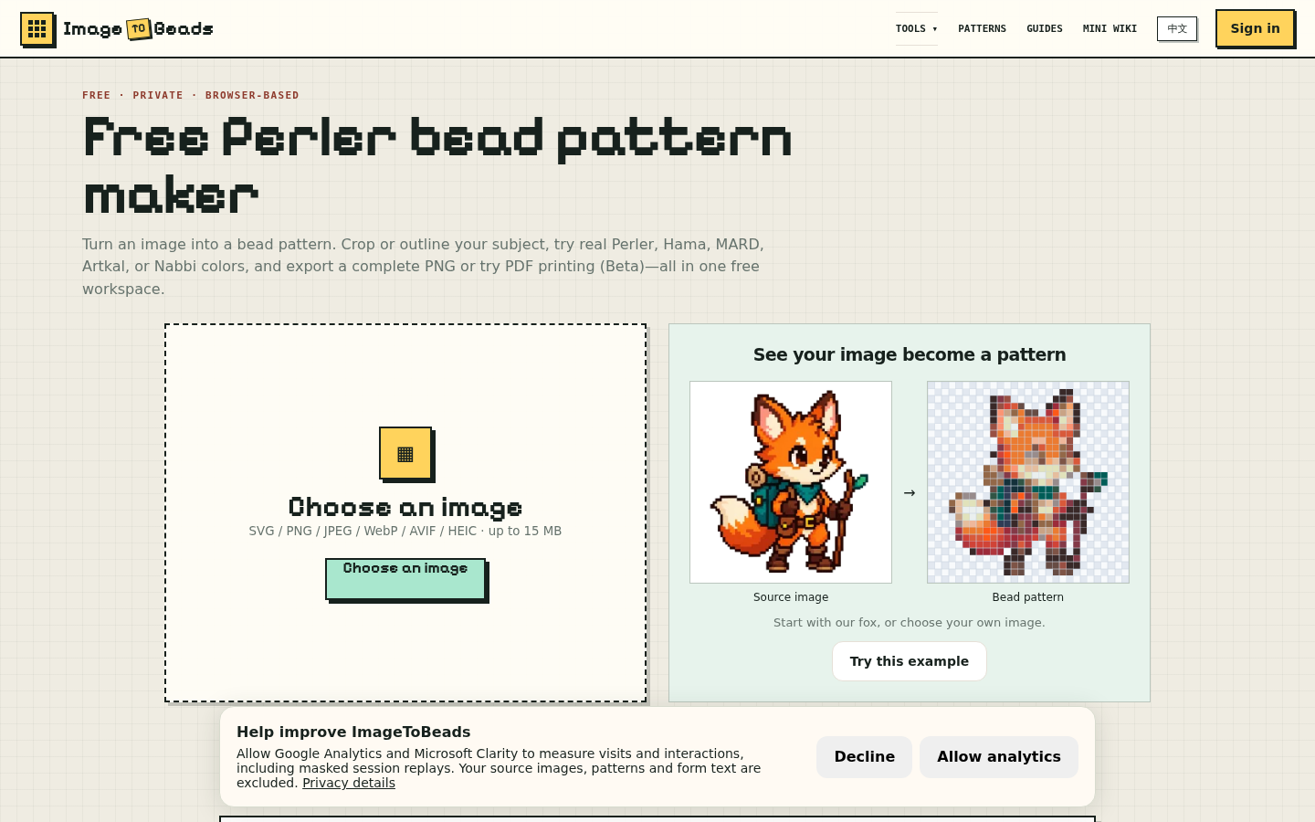 imagetobeads.com desktop capture of the first page