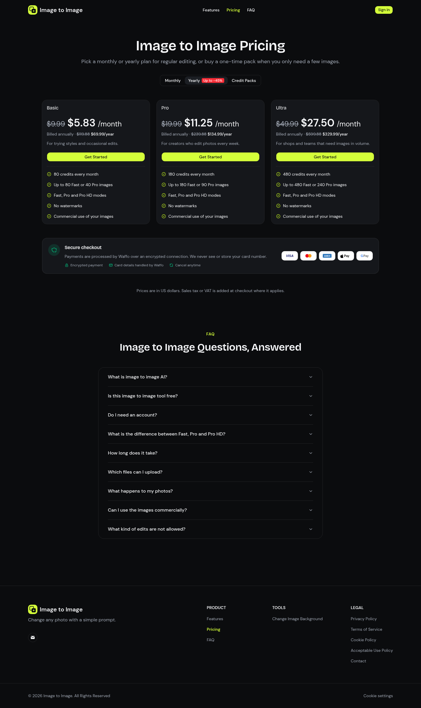 imagetoimage.tools FAQ section, Pricing