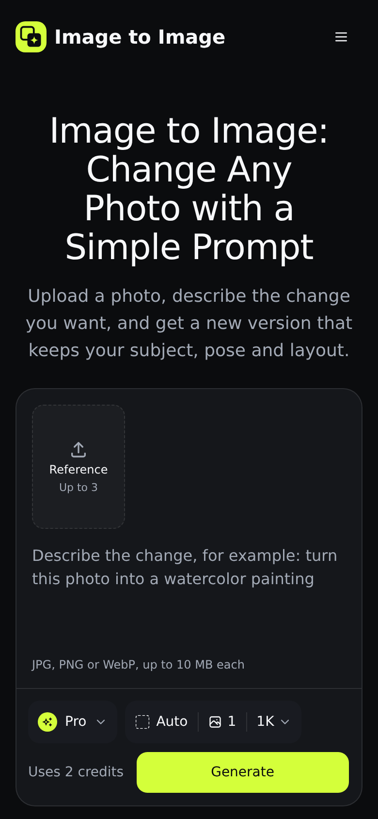 imagetoimage.tools mobile capture of the first page