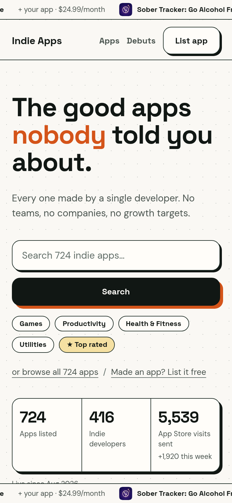 indie-apps.com mobile capture of the first page
