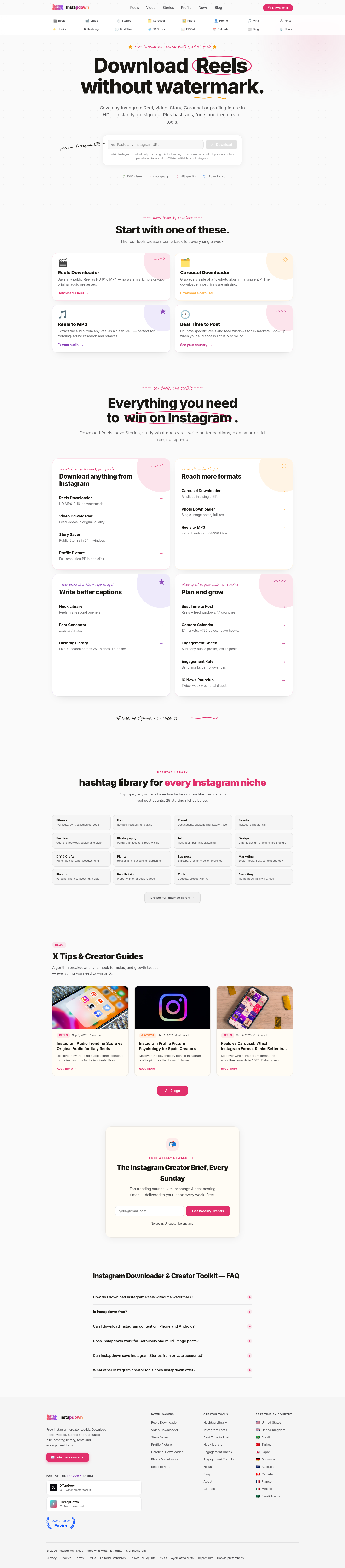 Nav section of instapdown.com