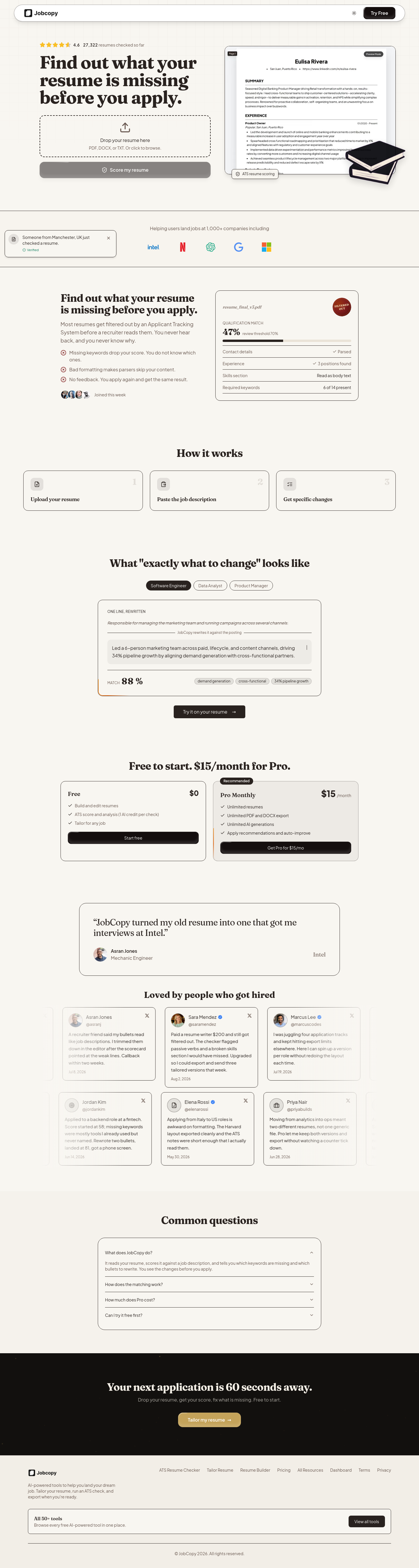 Hero section of jobcopy.ai