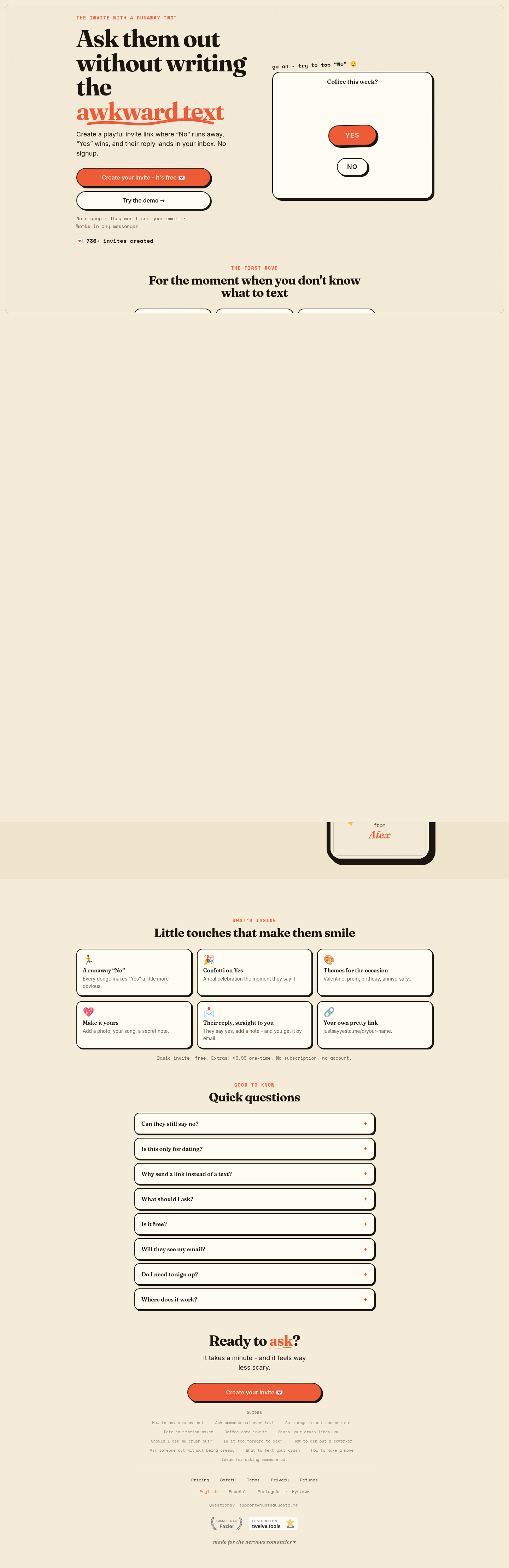 Nav section of justsayyesto.me