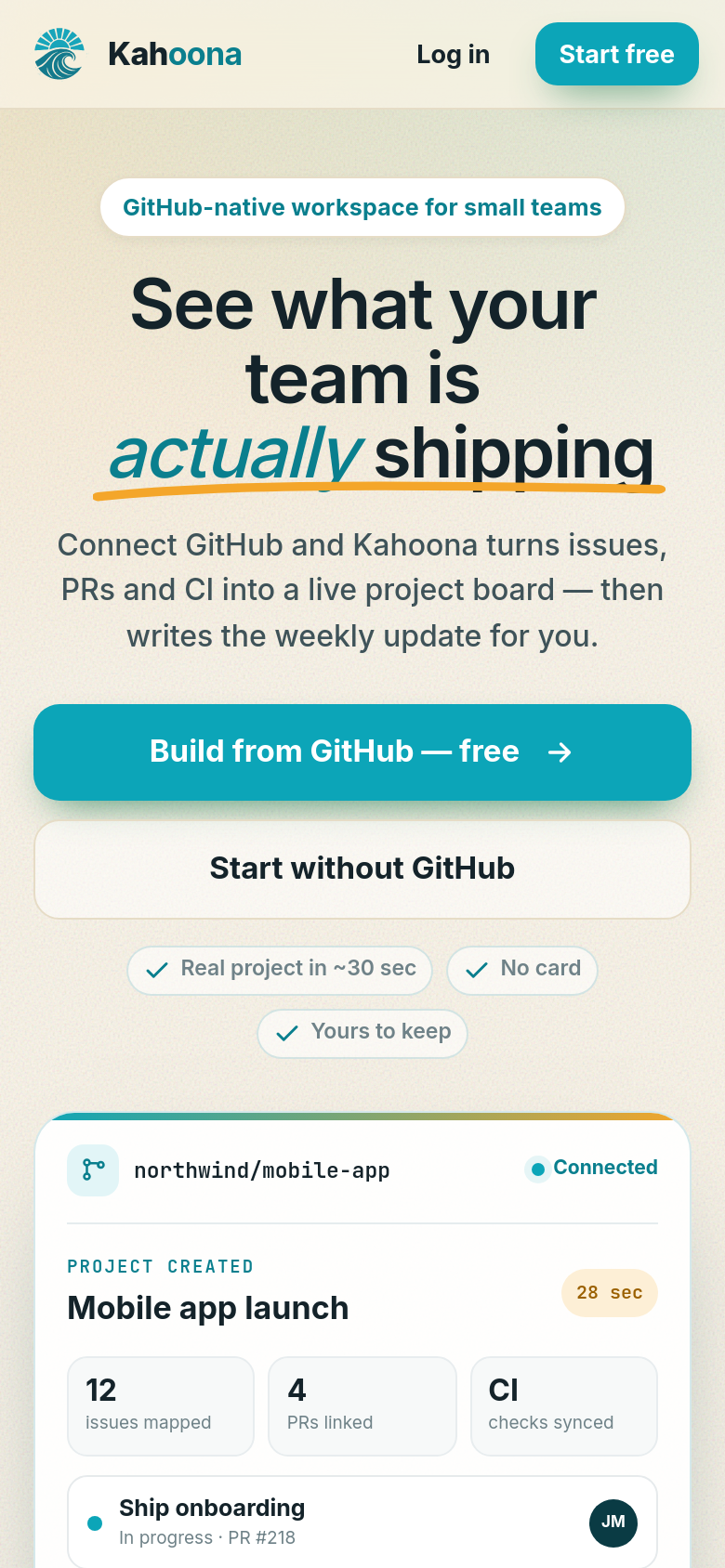 kahoona.app mobile capture of the first page
