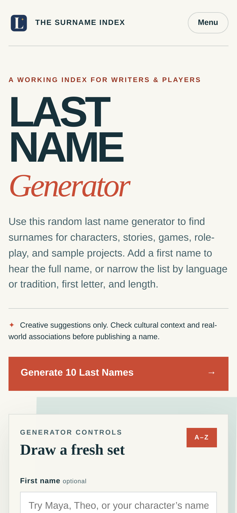 lastname.app mobile capture of the first page
