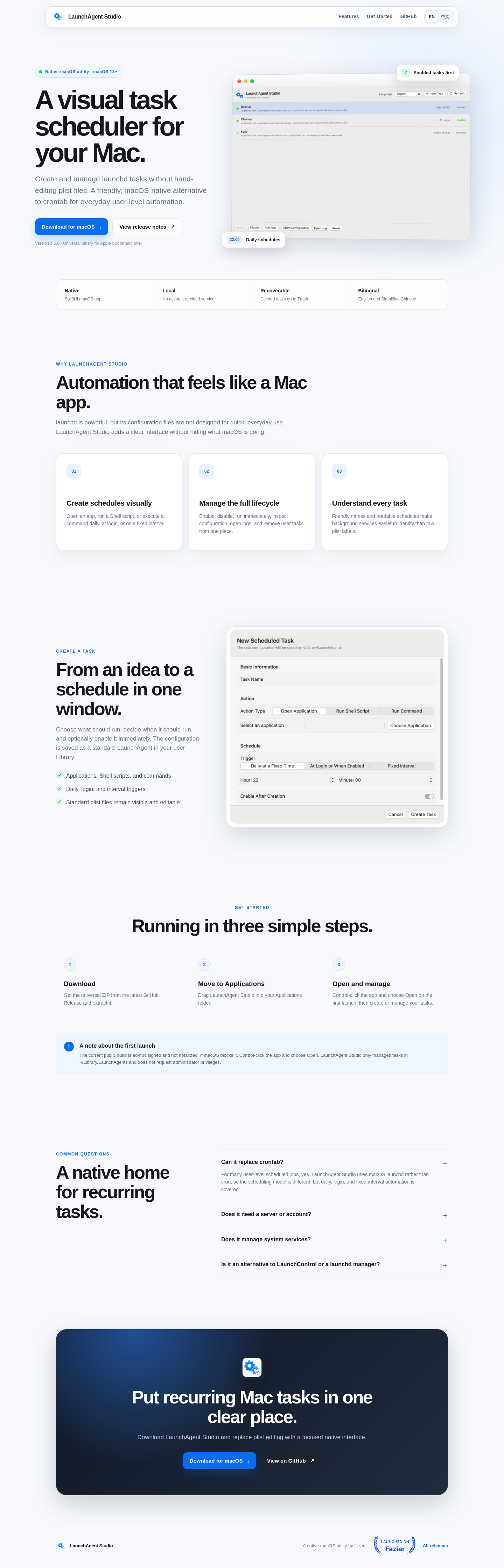 launchagentstudio.com — Hero + Features + FAQ