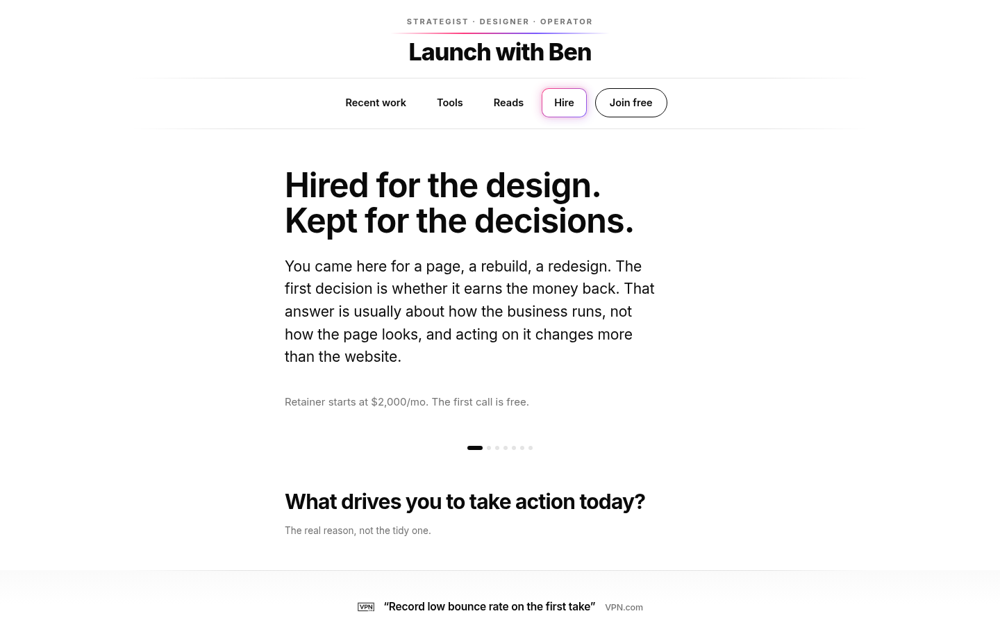 launchwithben.com desktop capture of the first page