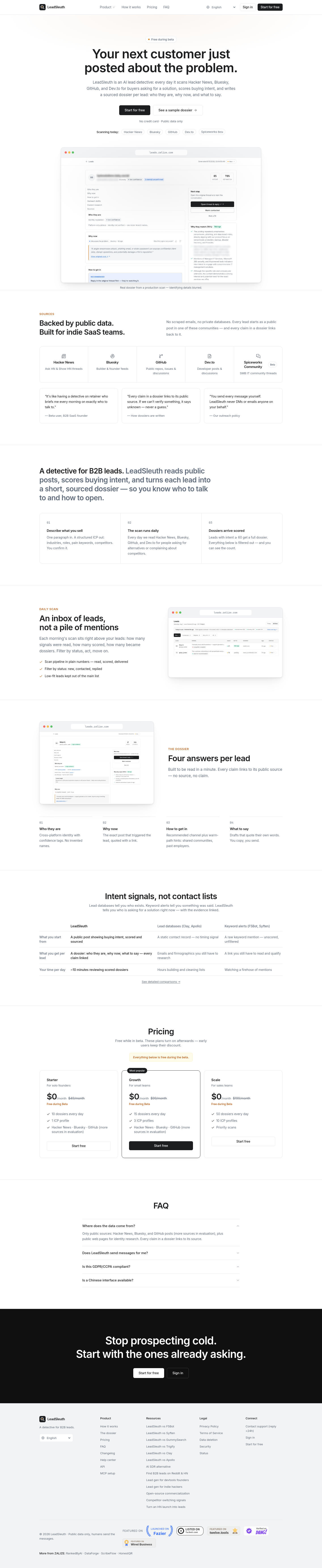 leads.zalize.com — Hero + Logo Wall + Pricing + FAQ
