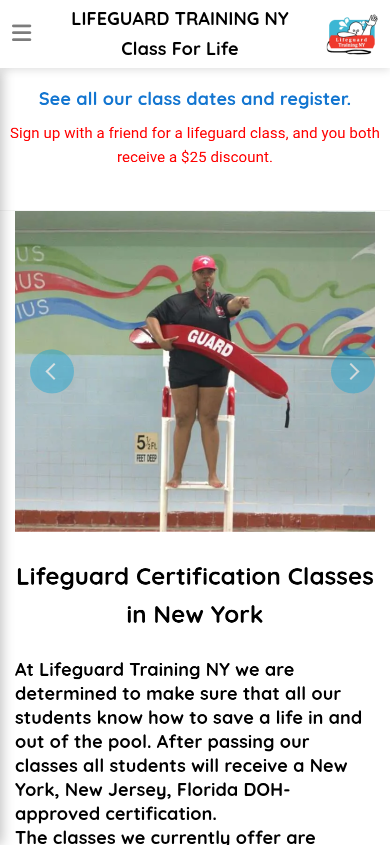 lifeguardtrainingny.com mobile capture of the first page