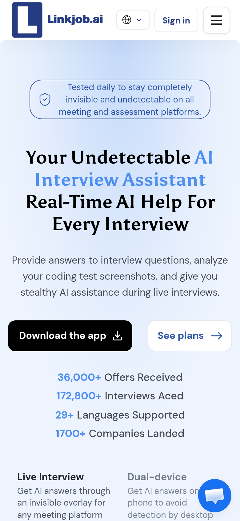 linkjob.ai mobile capture of the first page