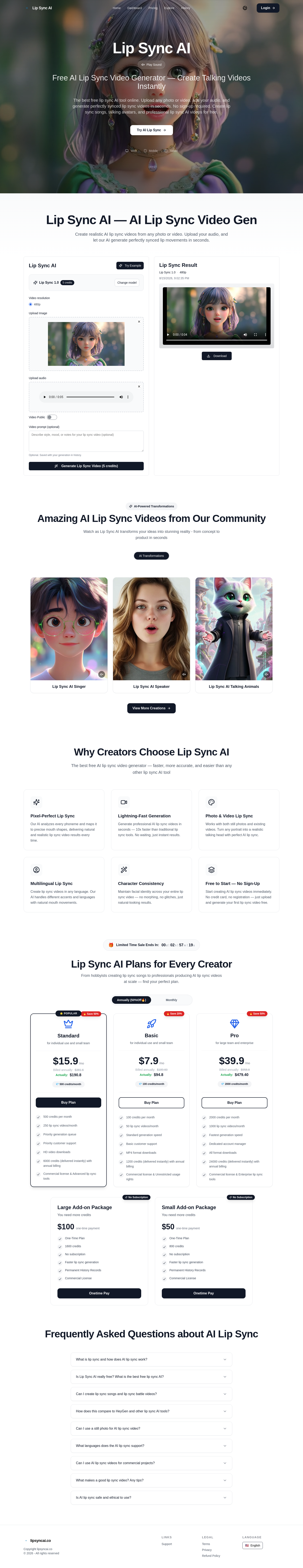 lipsyncai.co — Hero + Logo Wall + Pricing + FAQ
