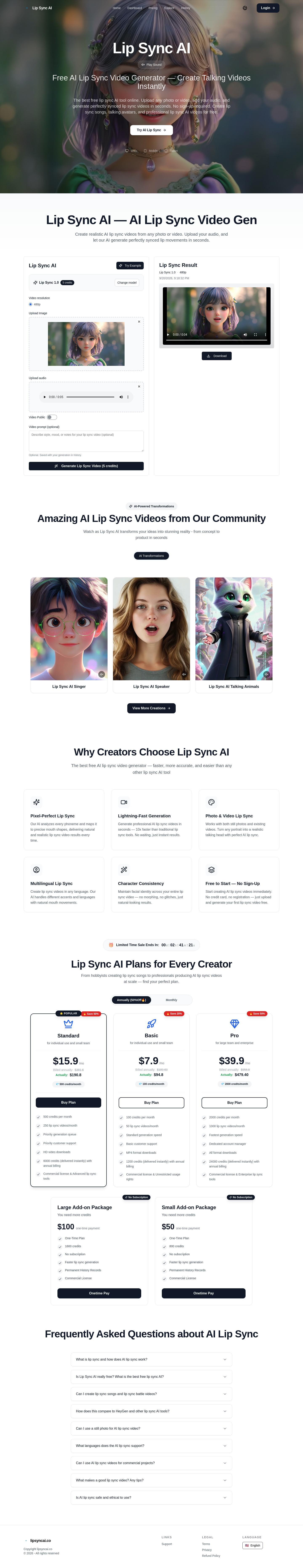lipsyncai.co — Hero + Logo Wall + Pricing + FAQ