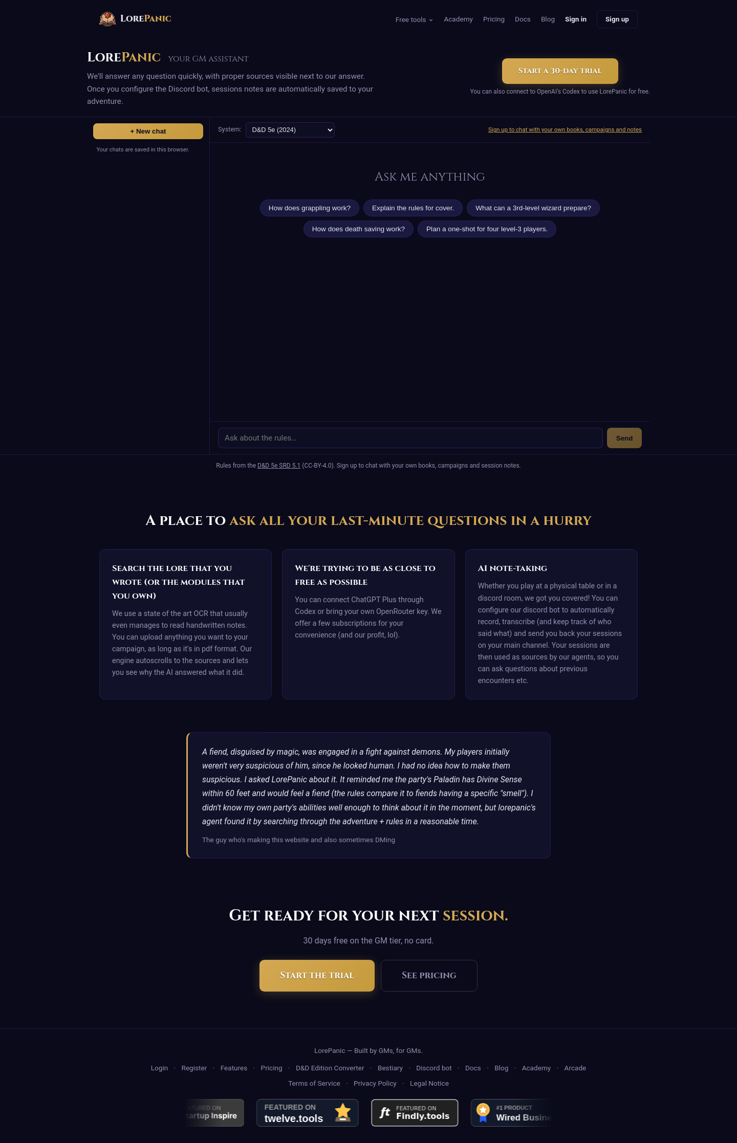Nav section of lorepanic.com