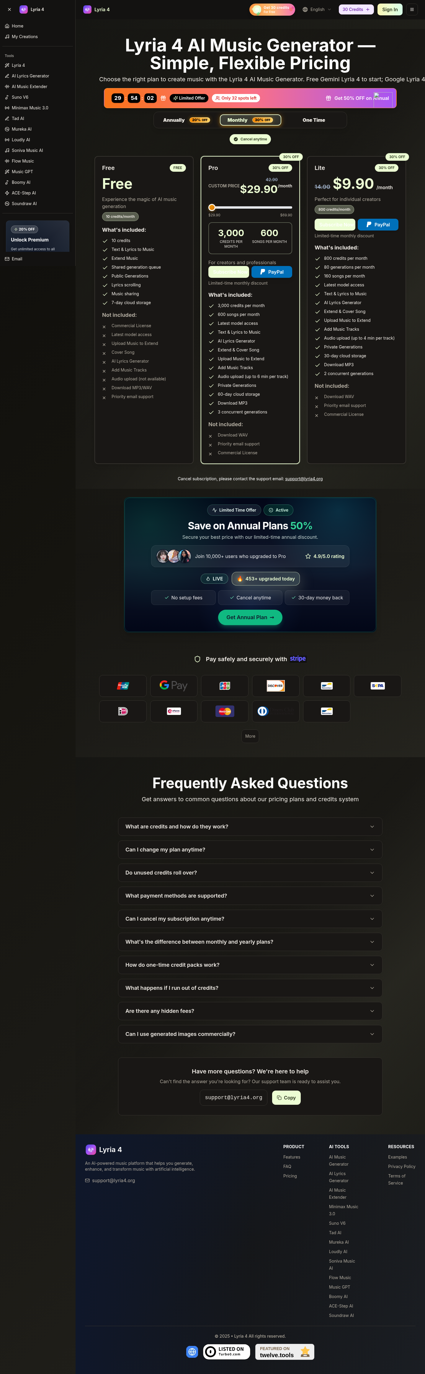 lyria4.org Pricing: the part of the page where it does this