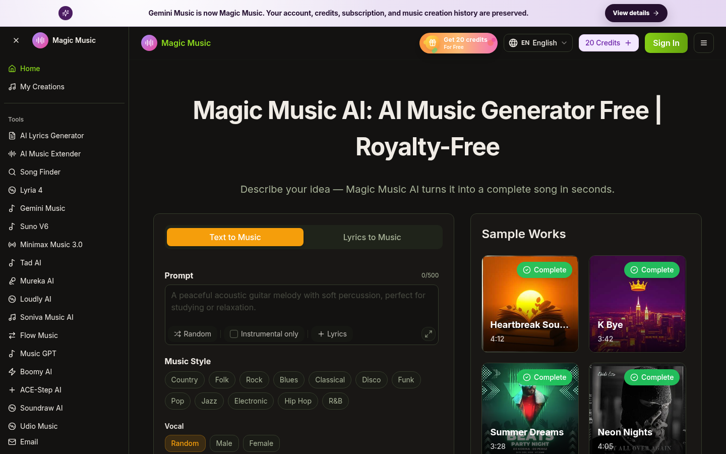 magicmusic.app desktop capture of the first page